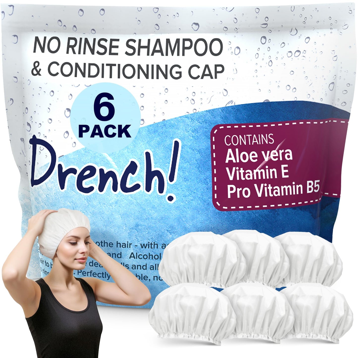 Drench No Water Rinse Free Shampoo Caps, 6 Packs - Waterless Shampoo and Conditioner